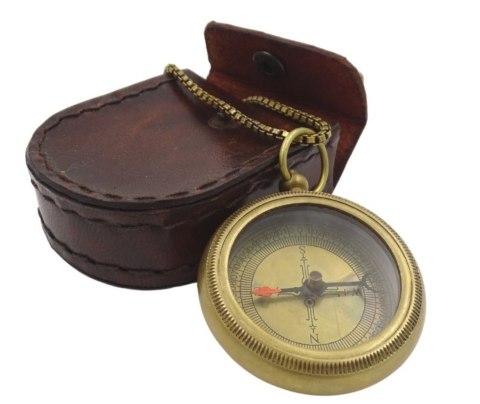 Kompas mosiężny z łańcuszkiem w skórzanym etui - Com-0470A