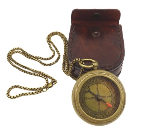 Kompas mosiężny z łańcuszkiem w skórzanym etui - Com-0470A
