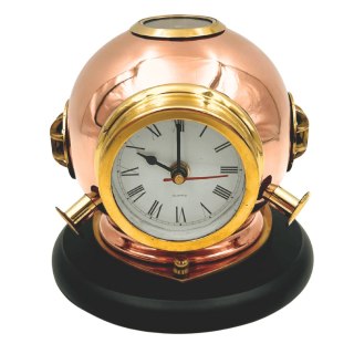 Zegar Biurkowy Hełm Nurka z Kompasem - Mosiężny na Drewnianej Podstawie - TC032
