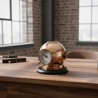 Zegar Biurkowy Hełm Nurka z Kompasem - Mosiężny na Drewnianej Podstawie - TC032
