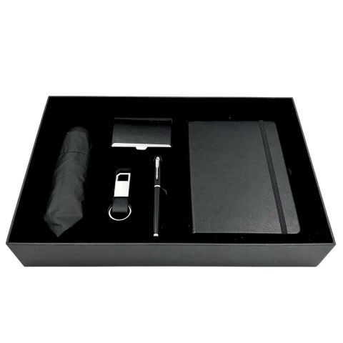 Elegancki Biznesowy Zestaw Prezentowy Premium - Skórzany Notatnik Parasol Wizytownik Długopis Brelok - EE15