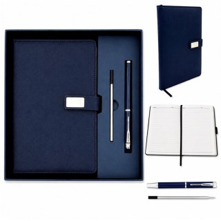 Elegancki Zestaw Prezentowy Granatowy Skórzany Notes A5 z Długopisem w Pudełku Prezentowym - EE13